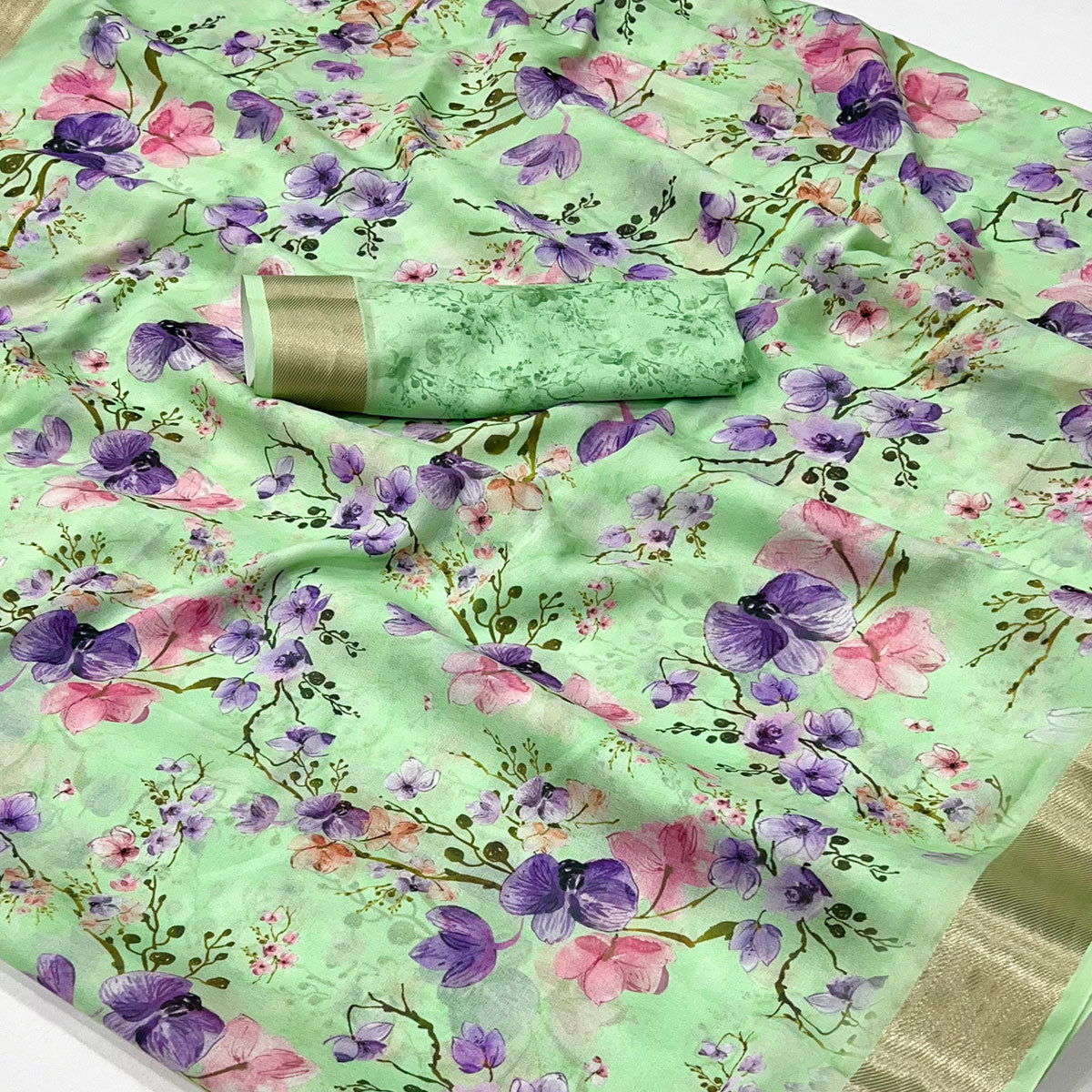 Green Floral Digital Printed Moss Georgette Saree With Zari Border