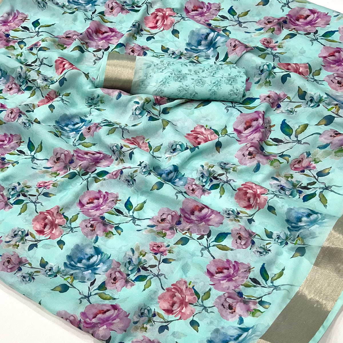 Blue Floral Digital Printed Moss Georgette Saree With Zari Border