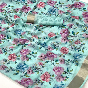 Blue Floral Digital Printed Moss Georgette Saree With Zari Border