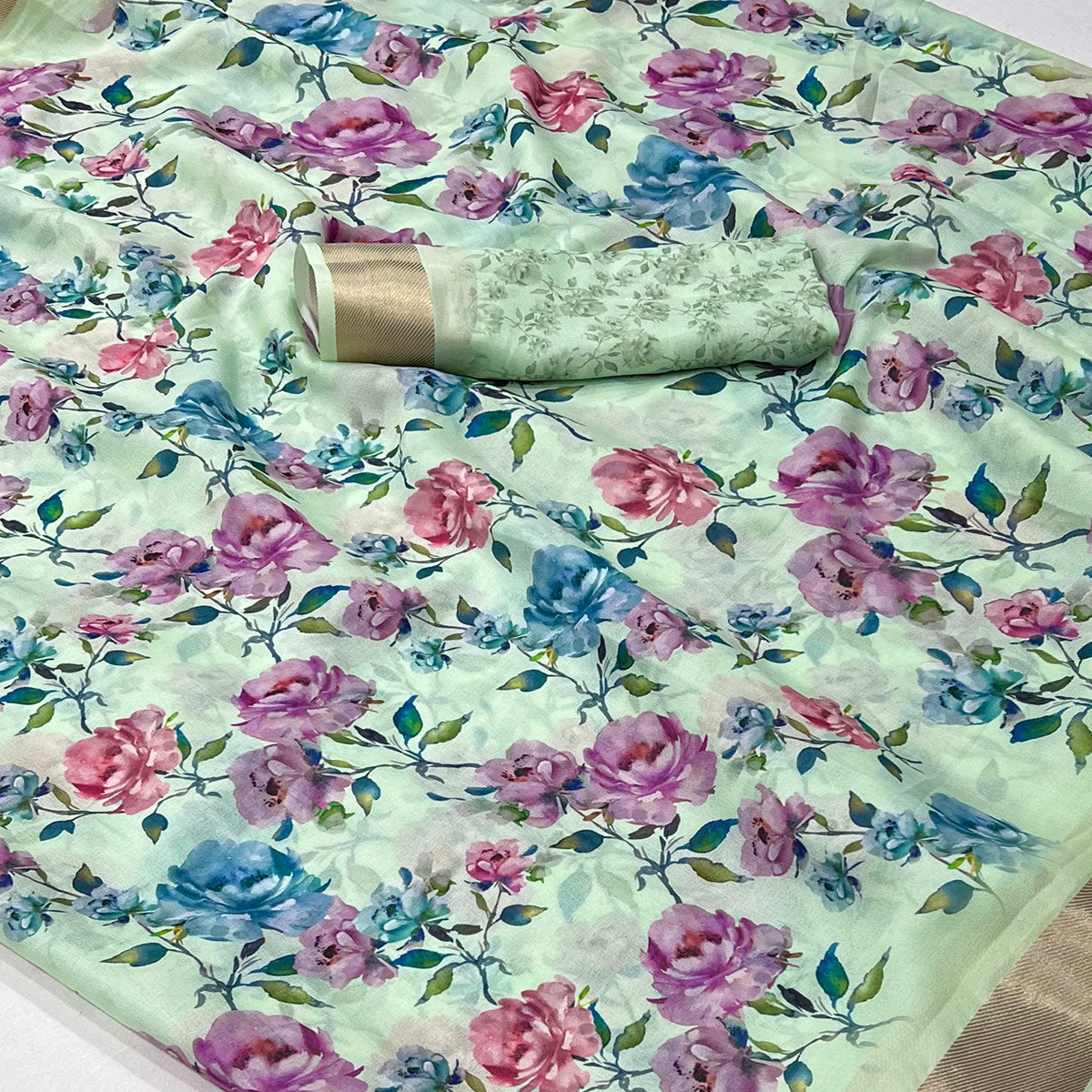 Sea Green Floral Digital Printed Moss Georgette Saree With Zari Border