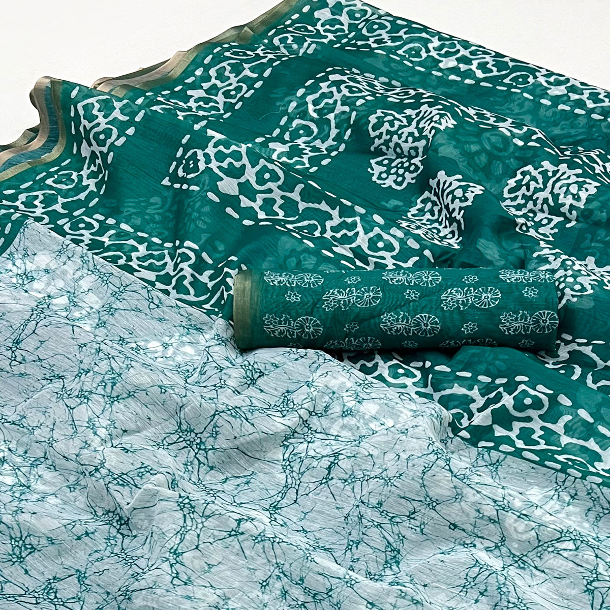 Rama Green Digital Printed Linen Saree With Zari Border