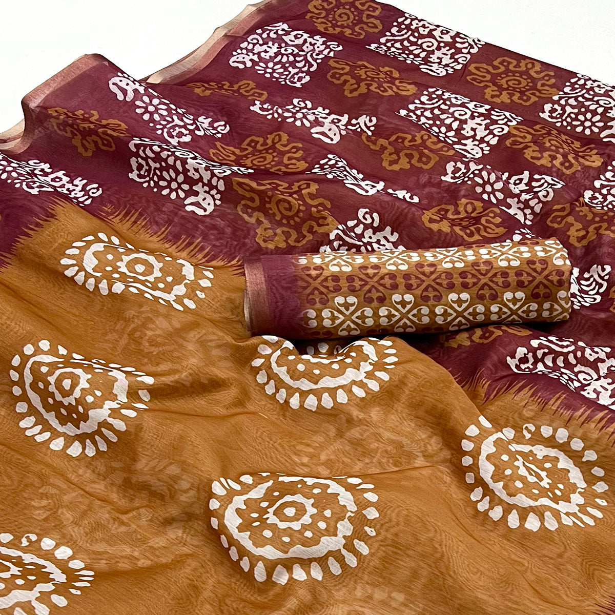 Brown & Wine Digital Printed Linen Saree With Zari Border