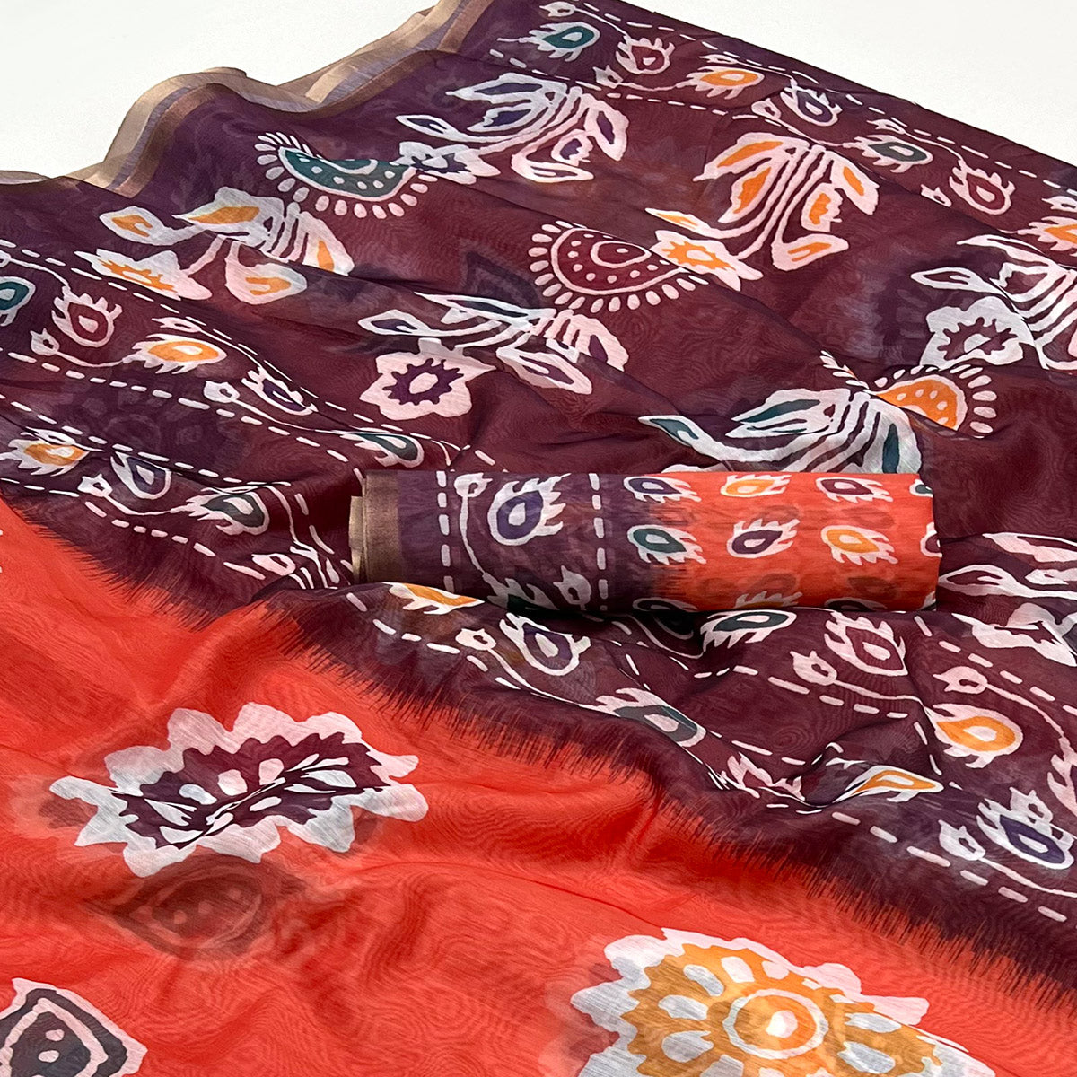 Reddish Orange Digital Printed Linen Saree With Zari Border