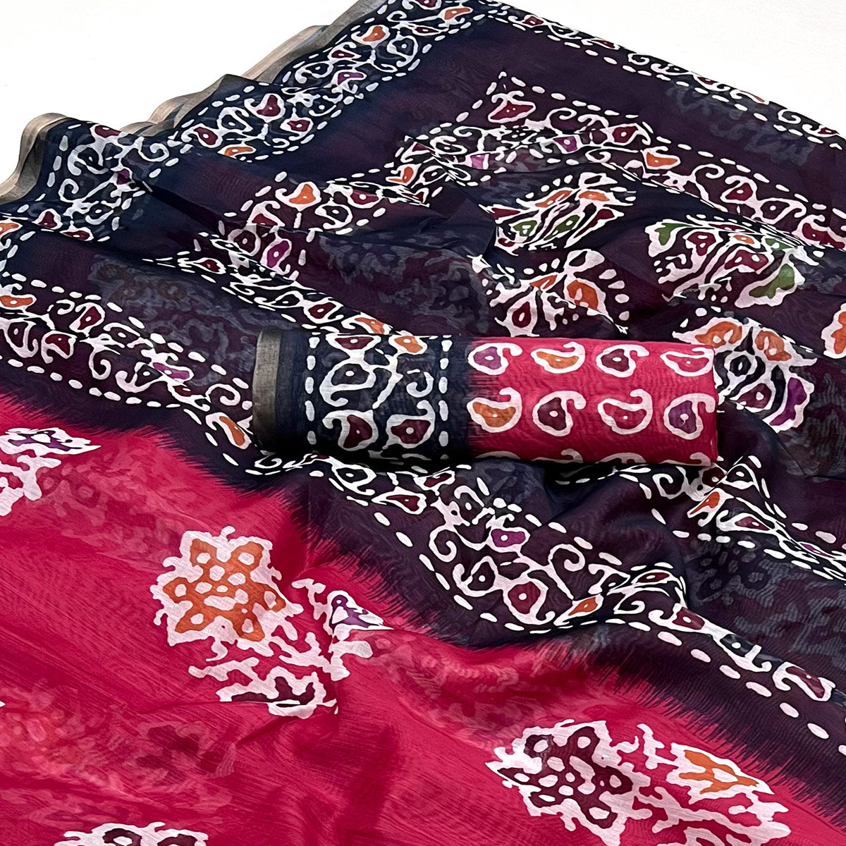 Pink & Blue Digital Printed Linen Saree With Zari Border