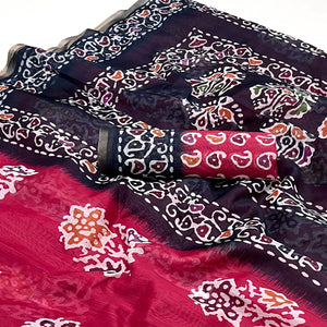 Pink & Blue Digital Printed Linen Saree With Zari Border