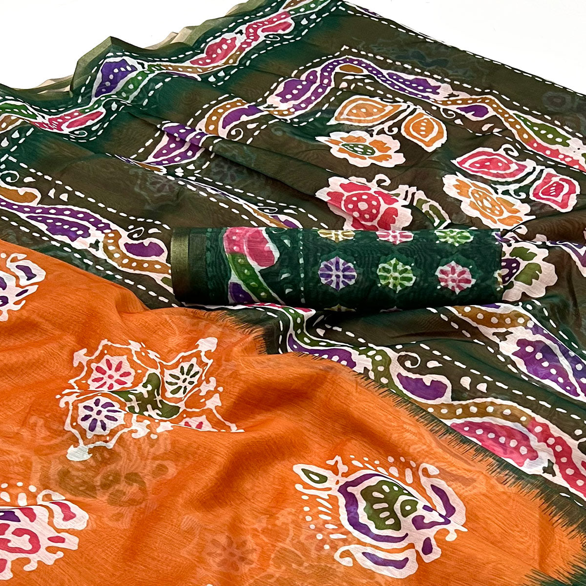 Orange & Green Digital Printed Linen Saree With Zari Border