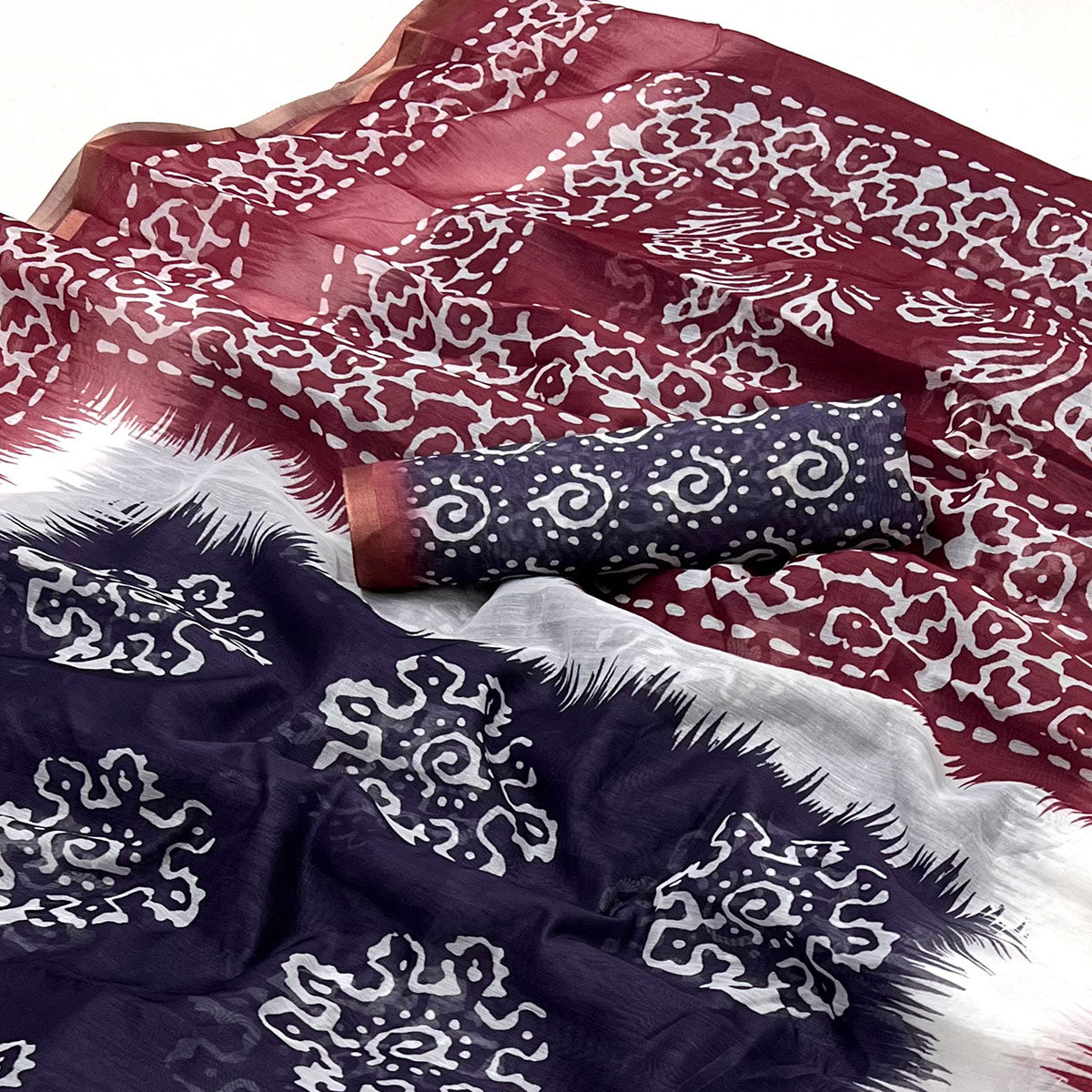 Blue & Maroon Digital Printed Linen Saree With Zari Border