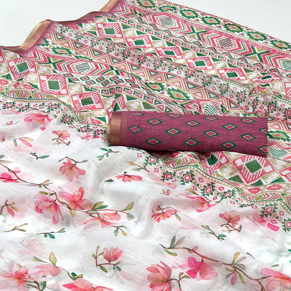 White & Pink Floral Digital Printed Linen Saree With Zari Border