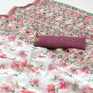 White & Pink Floral Digital Printed Linen Saree With Zari Border