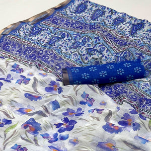 White & Blue Floral Digital Printed Linen Saree With Zari Border