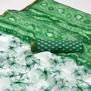 White & Green Floral Digital Printed Linen Saree With Zari Border