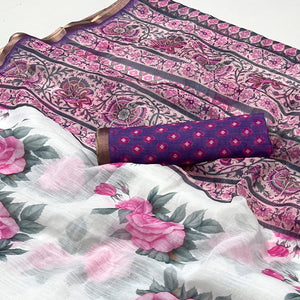 White & Pink Floral Digital Printed Linen Saree With Zari Border