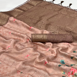 Peach Floral Woven With Digital Printed Satin Saree