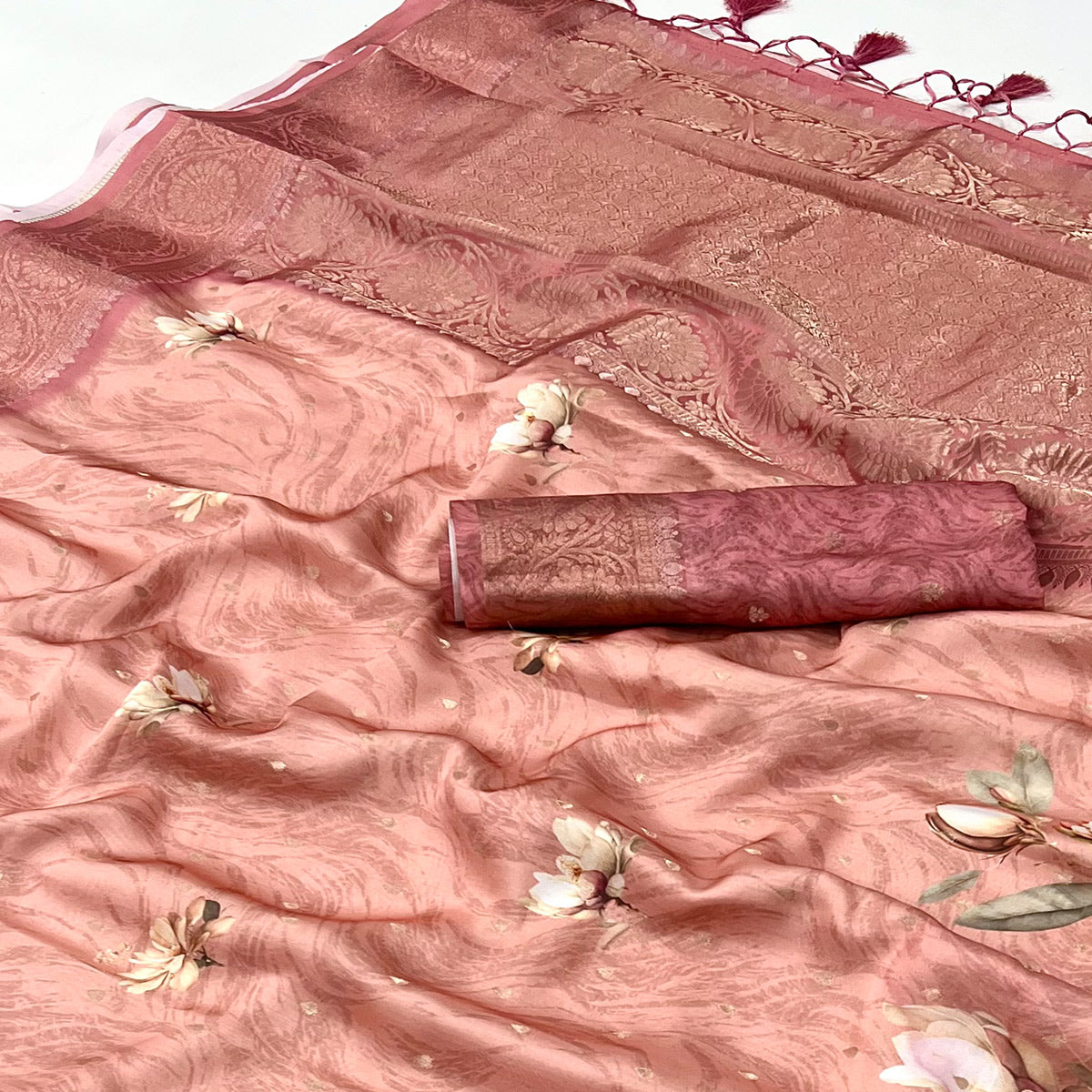 Peach Floral Woven With Digital Printed Satin Saree