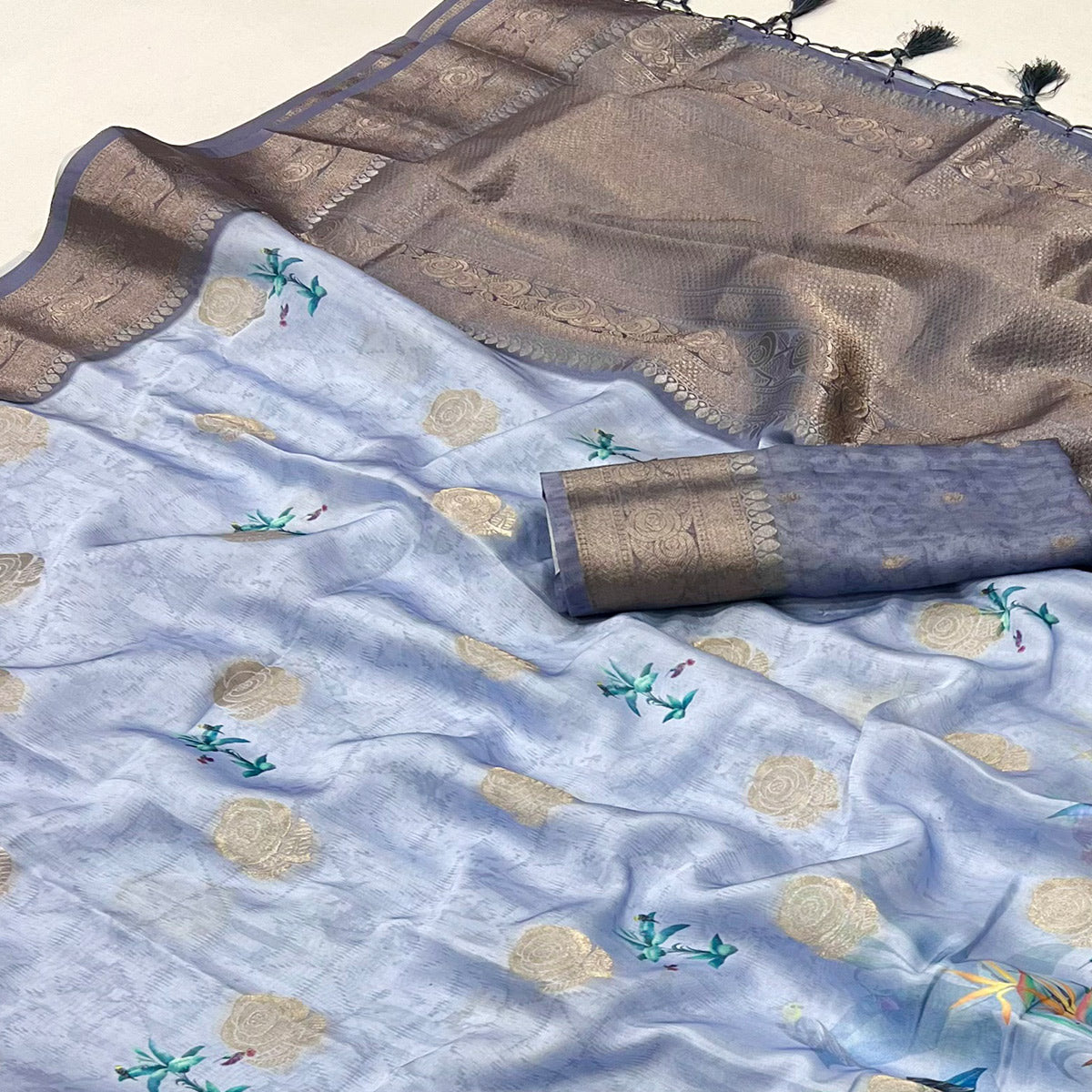 Light Lavender Floral Woven With Digital Printed Satin Saree