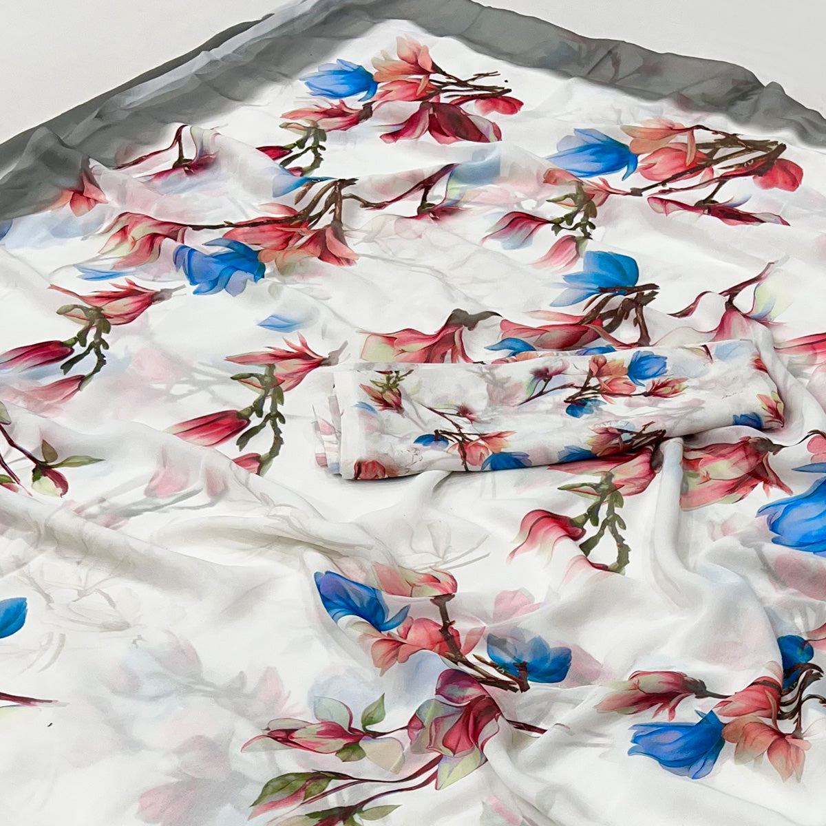 White Floral Digital Printed Georgette Saree