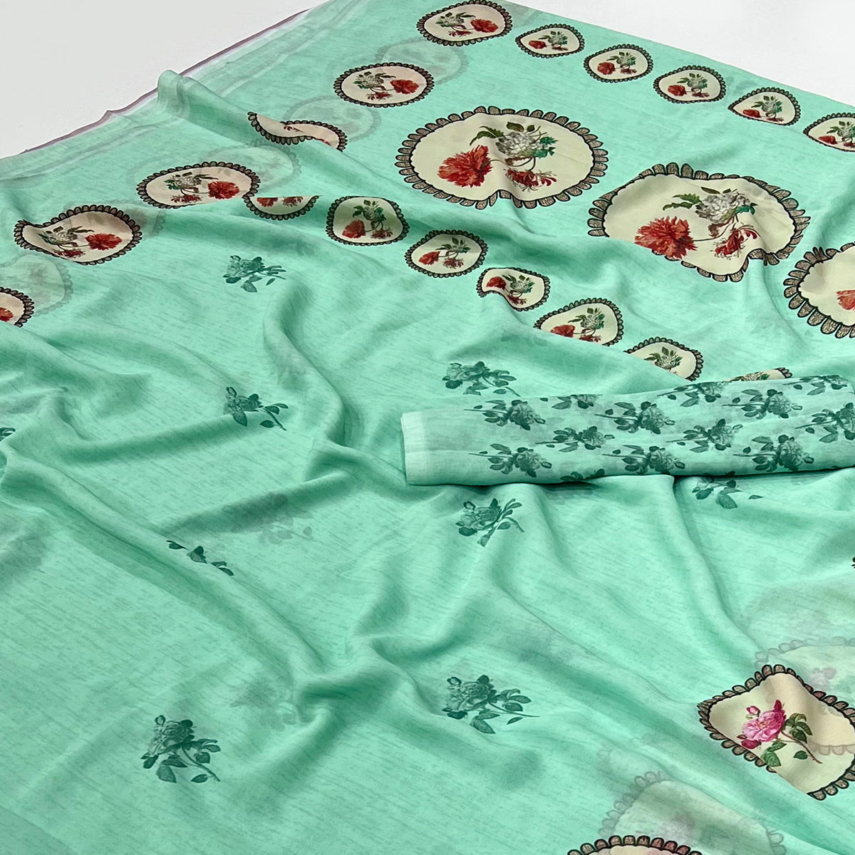 Sea Green Floral Digital Printed Georgette Saree