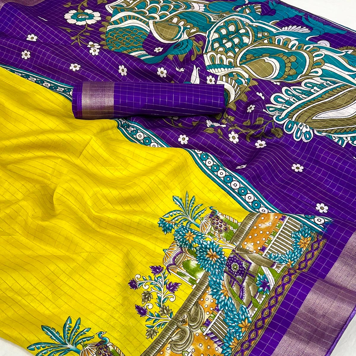 Yellow Checkes Zari Woven With Floral Printed Dola Silk Saree