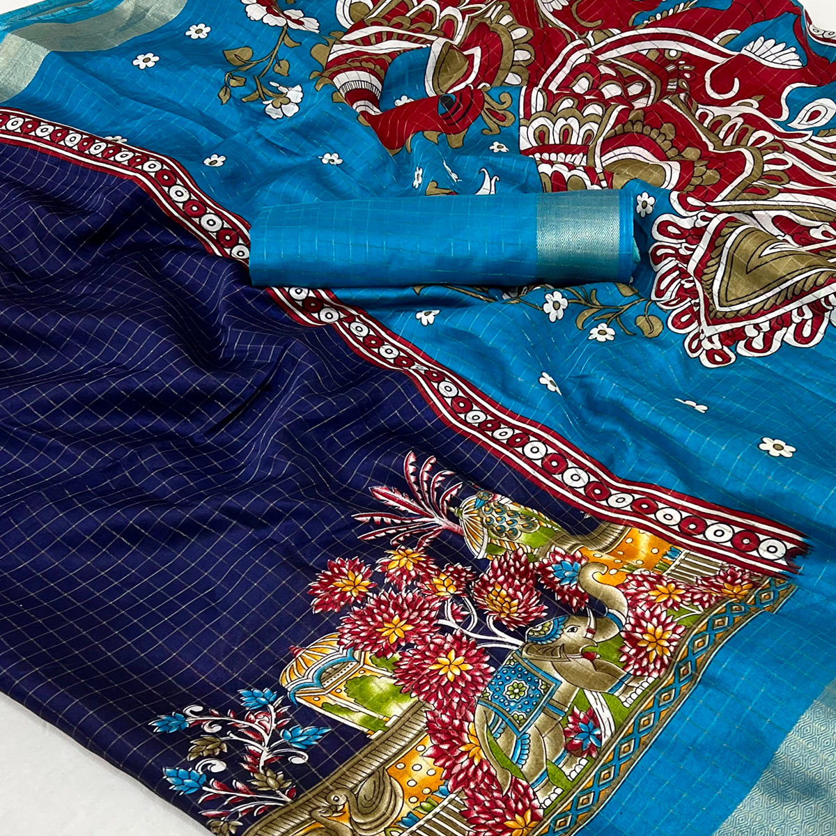 Navy Blue Checkes Zari Woven With Floral Printed Dola Silk Saree