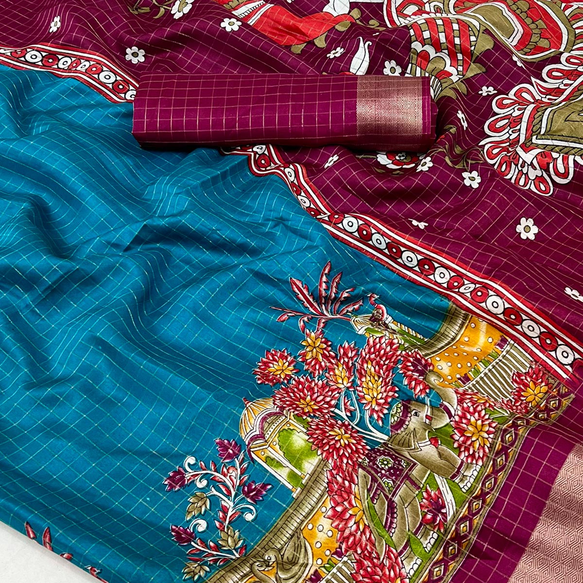 Blue Checkes Zari Woven With Floral Printed Dola Silk Saree