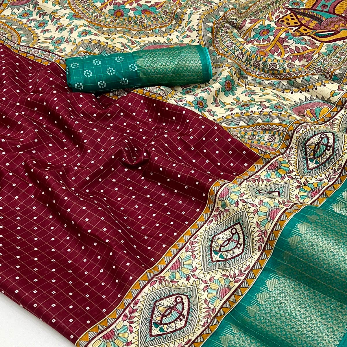 Maroon Checkes Zari Woven With Floral Printed Dola Silk Saree