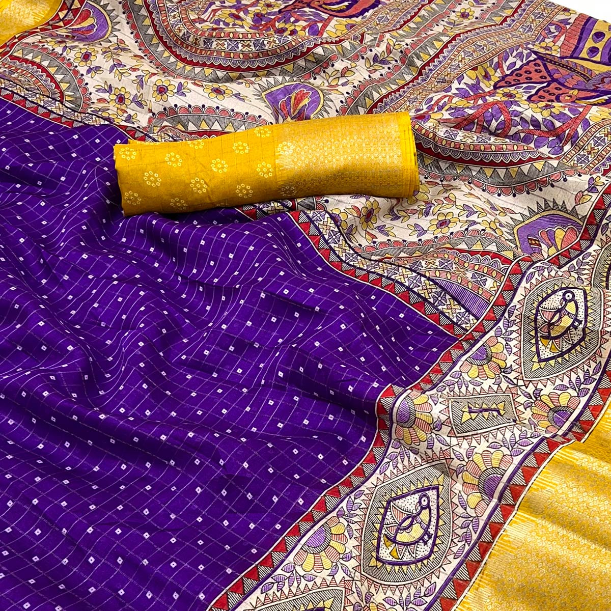 Violet Checkes Zari Woven With Floral Printed Dola Silk Saree