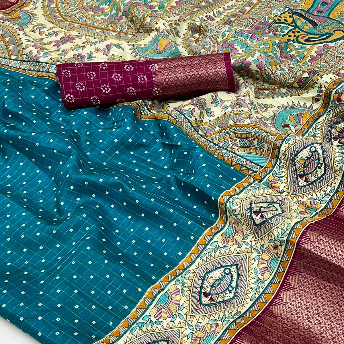 Teal Checkes Zari Woven With Floral Printed Dola Silk Saree