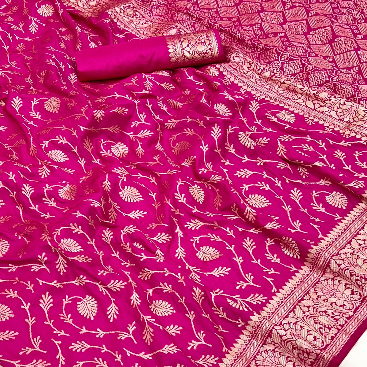 Rani Pink Floral Zari Woven Dola Silk Saree
