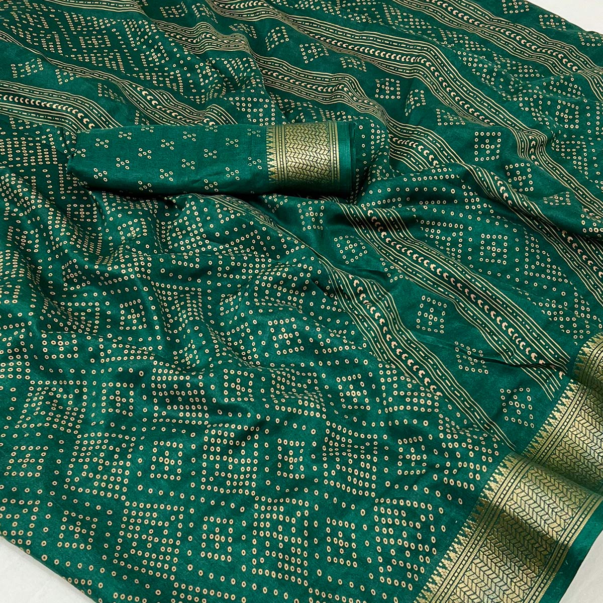 Dark Green Printed Dola Silk Saree With Jacquard Border