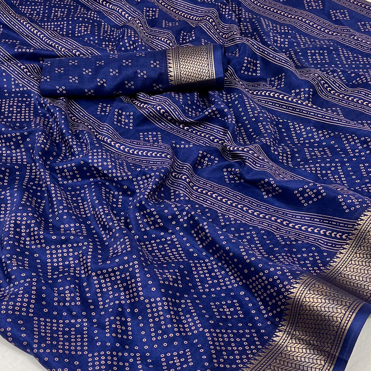 Navy Blue Printed Dola Silk Saree With Jacquard Border