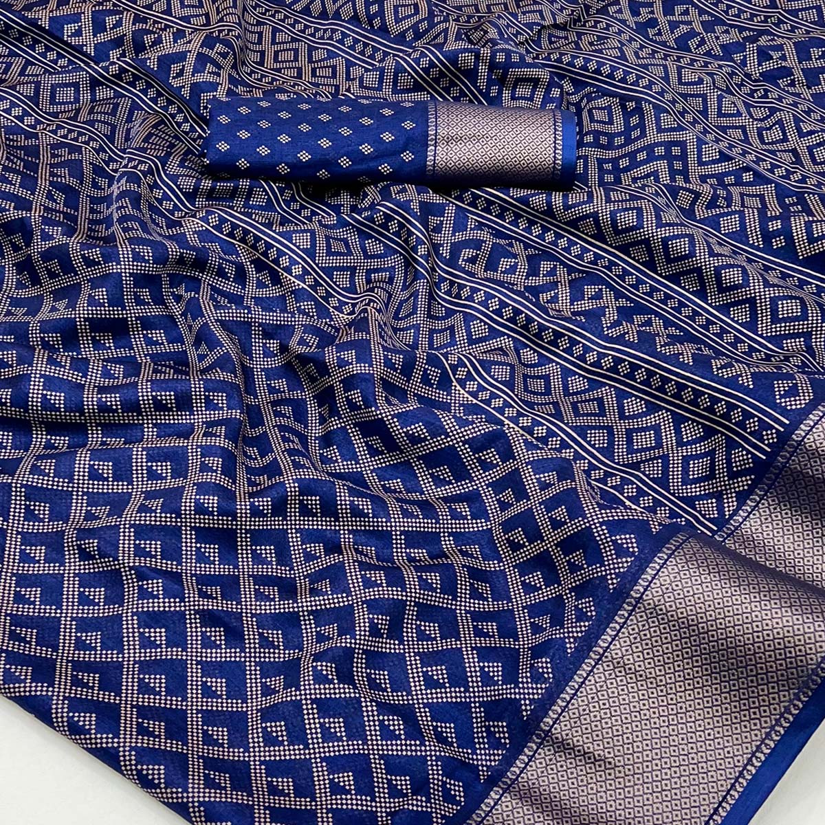 Navy Blue Printed Dola Silk Saree With Jacquard Border