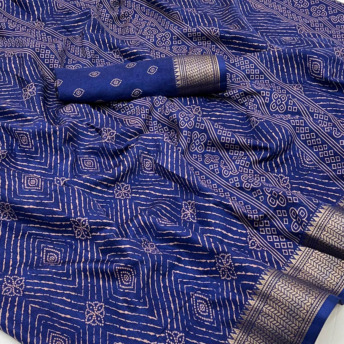 Navy Blue Geometric Printed Dola Silk Saree With Jacquard Border
