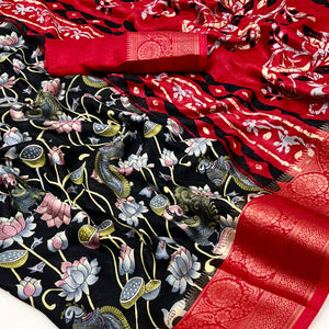 Black Kalamkari Printed Georgette Saree With Jacquard Border