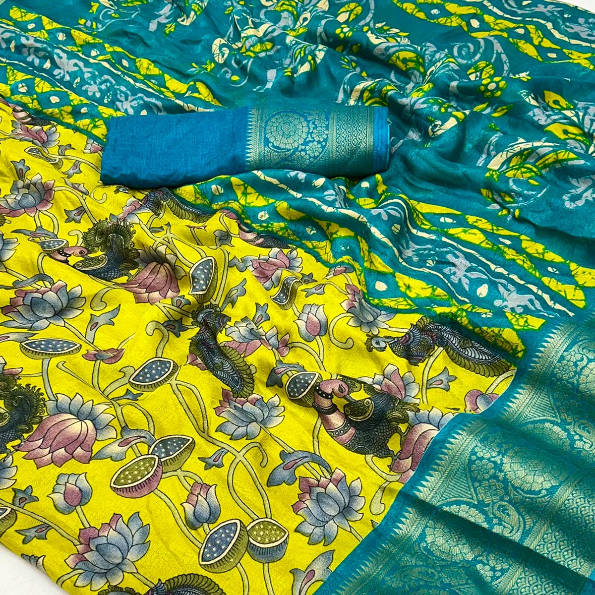 Yellow Kalamkari Printed Georgette Saree With Jacquard Border