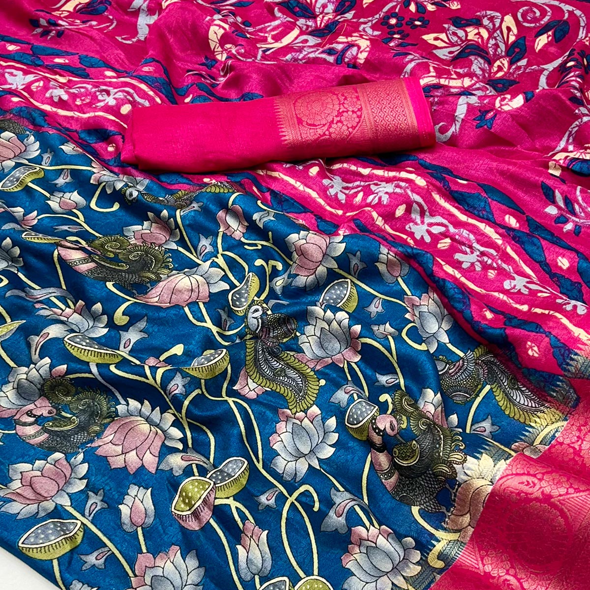 Blue Kalamkari Printed Georgette Saree With Jacquard Border