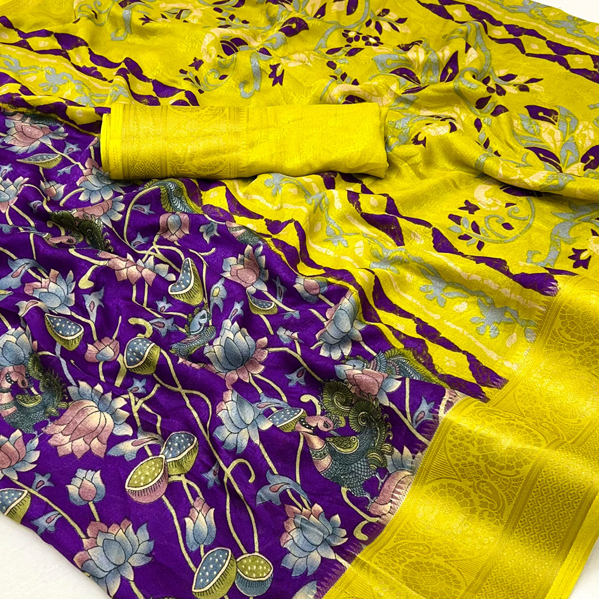 Purple Kalamkari Printed Georgette Saree With Jacquard Border