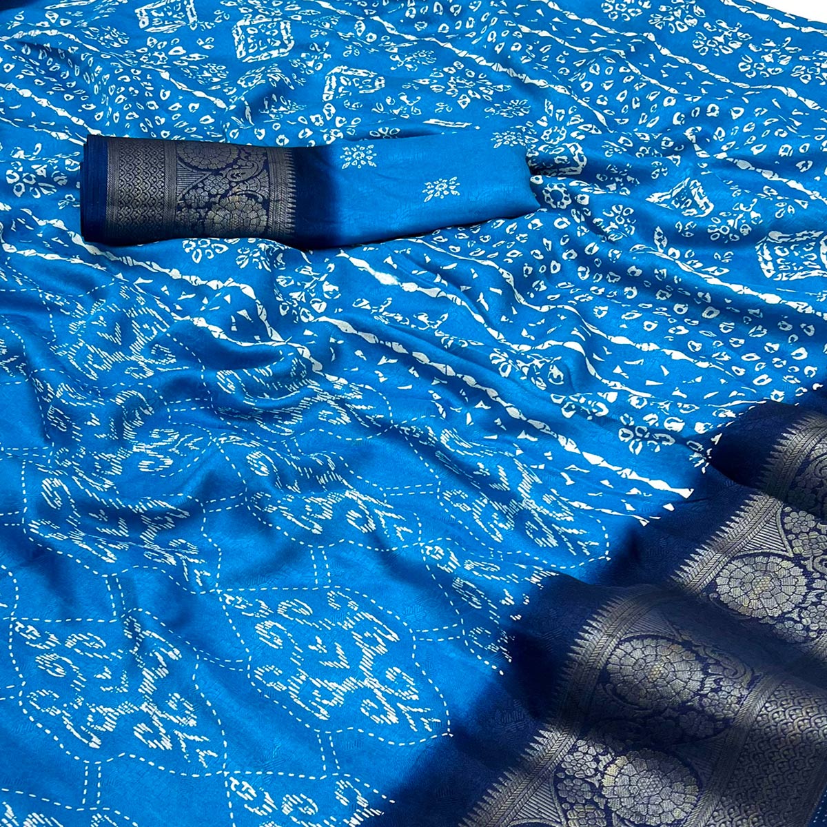 Blue Digital Printed Georgette Saree With Jacquard Border