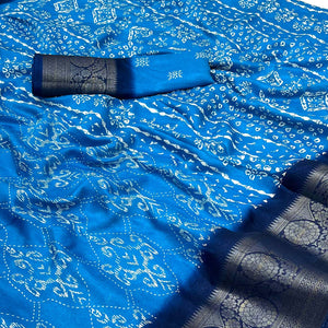 Blue Digital Printed Georgette Saree With Jacquard Border