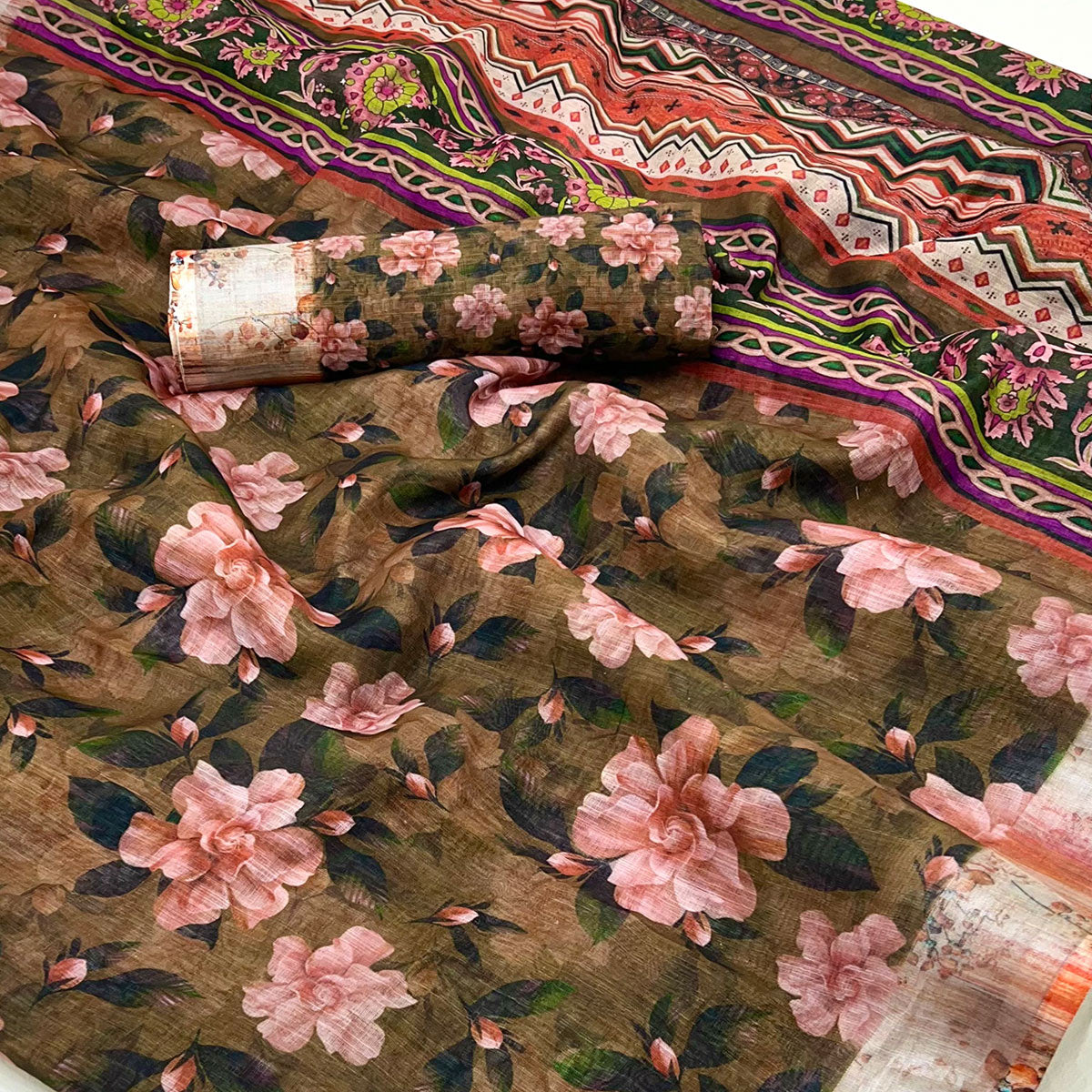 Brown Floral Digital Printed Linen Saree With Zari Border