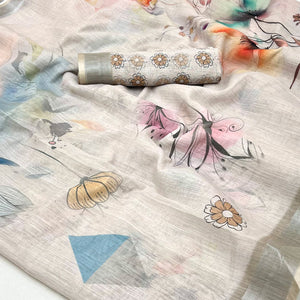 Soft Beige Floral Digital Printed Linen Saree With Zari Border
