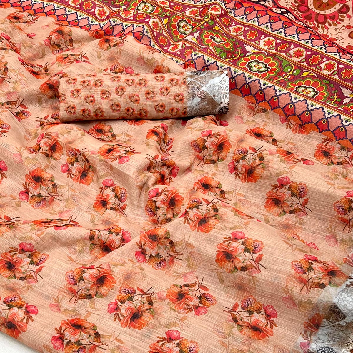 Light Orange Floral Digital Printed Linen Saree With Zari Border