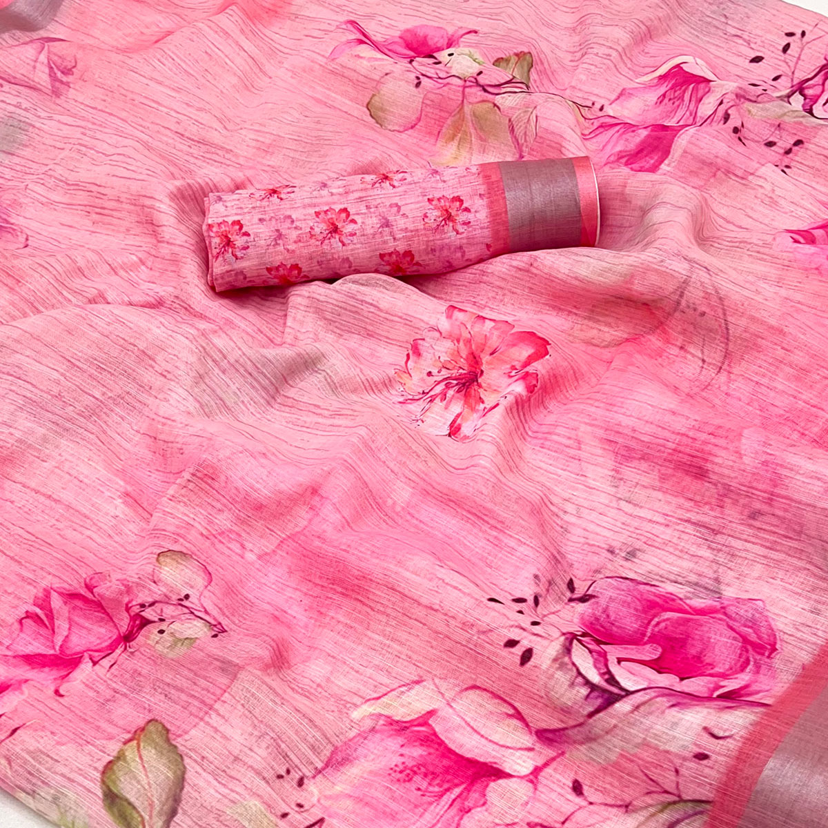 Pink Floral Digital Printed Linen Saree With Zari Border