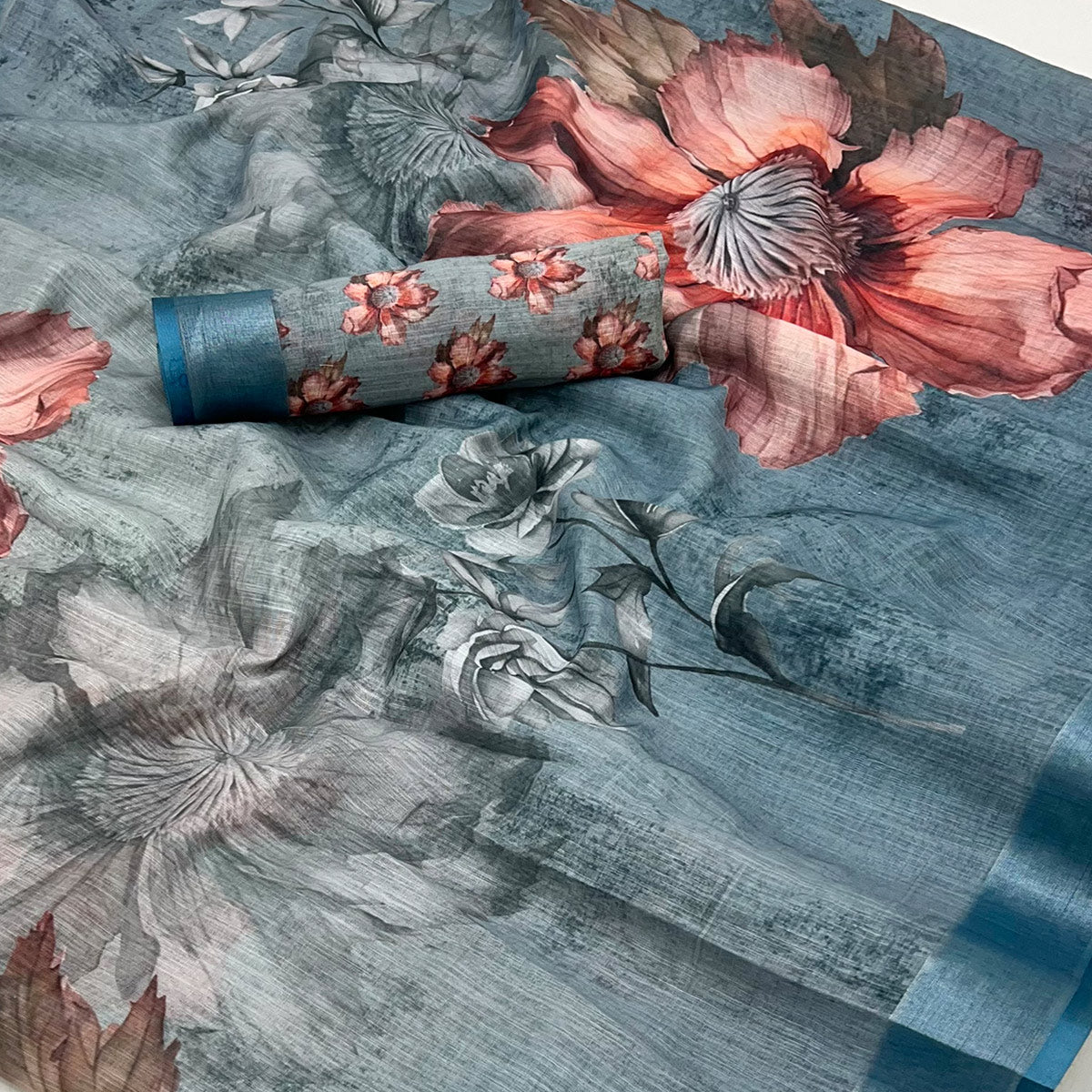 Bluish Grey Floral Digital Printed Linen Saree With Zari Border