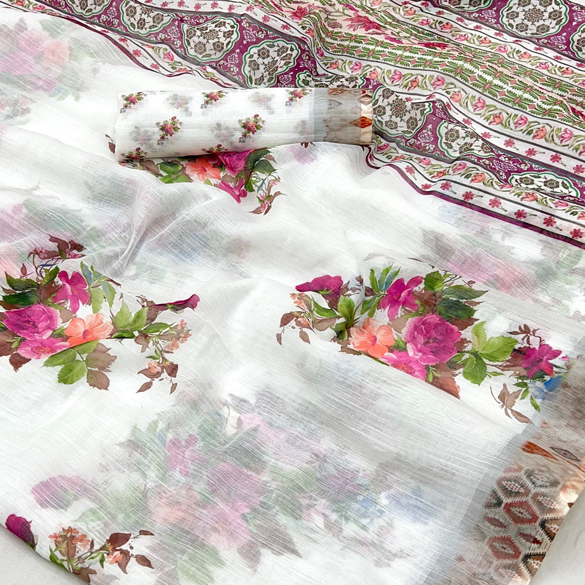 White Floral Digital Printed Linen Saree With Zari Border