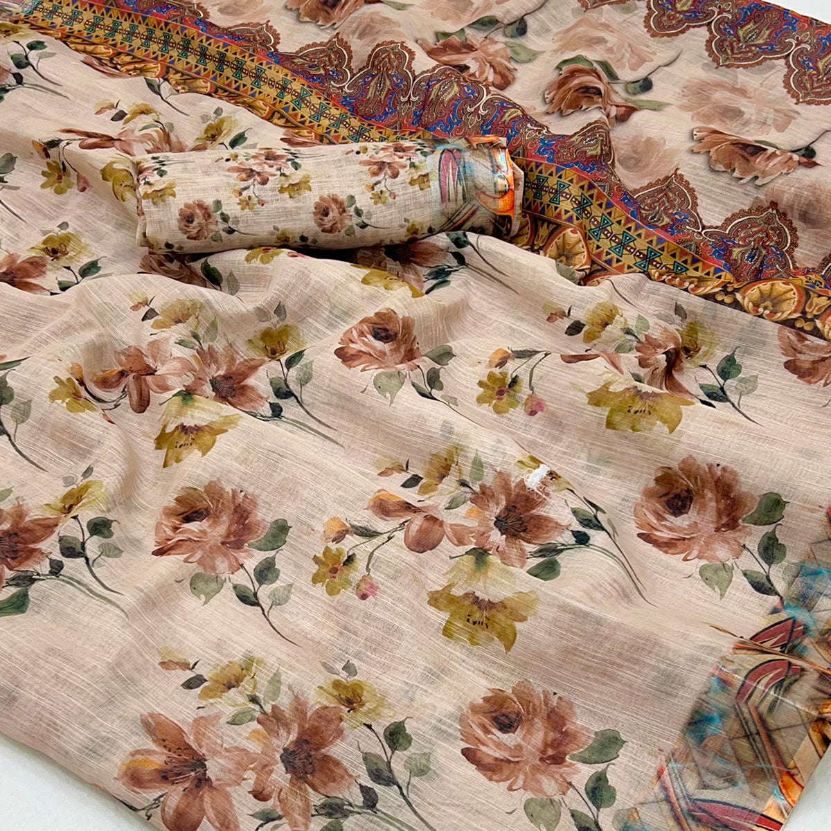 Light Brown Floral Digital Printed Linen Saree With Zari Border