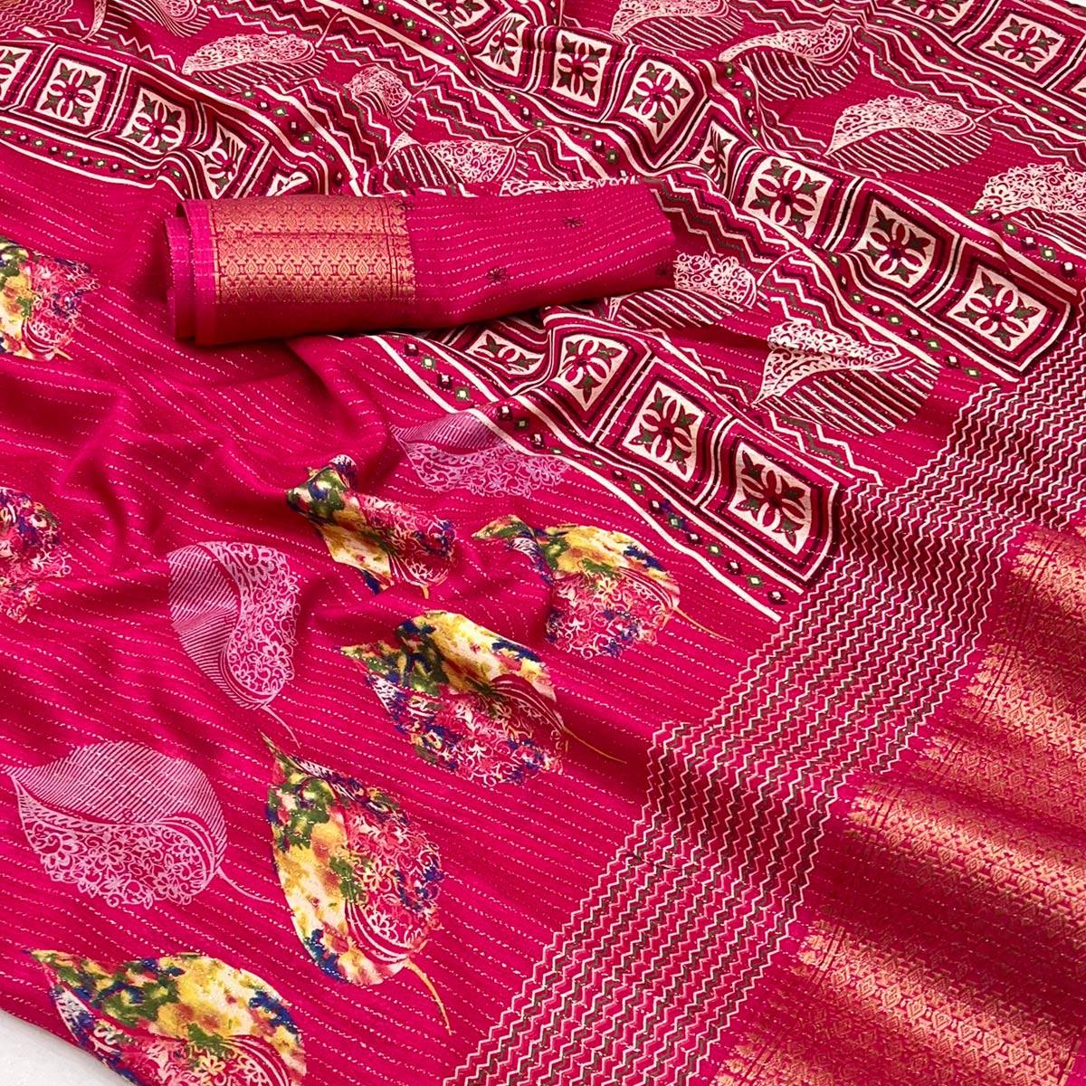 Pink Floral Printed Dola Silk Saree With Jacquard Border