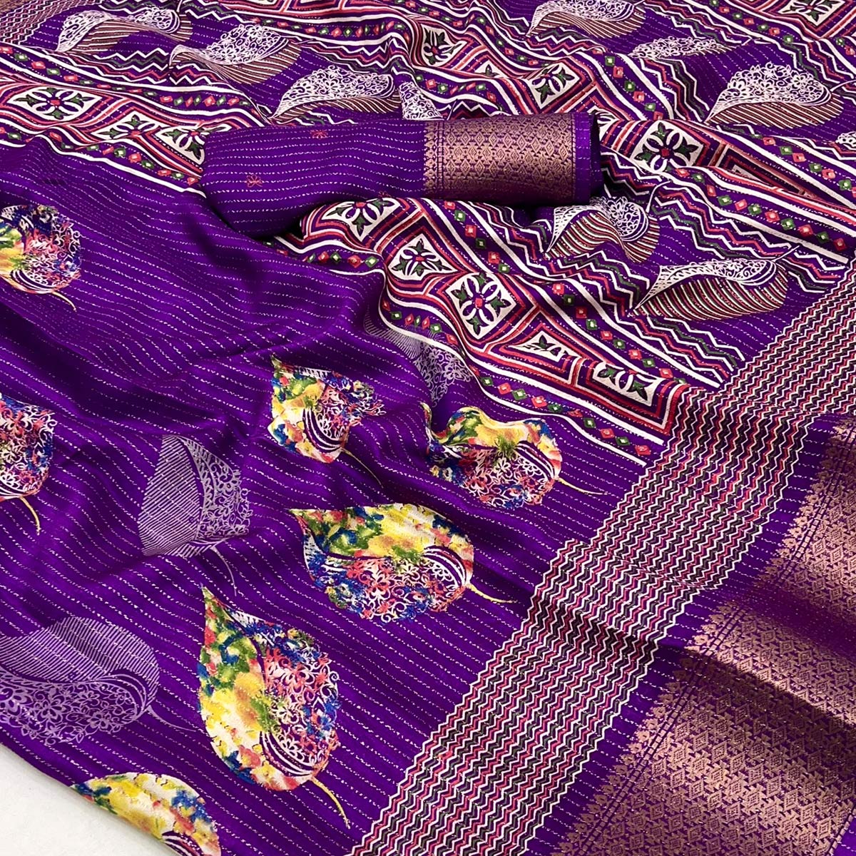 Purple Floral Printed Dola Silk Saree With Jacquard Border