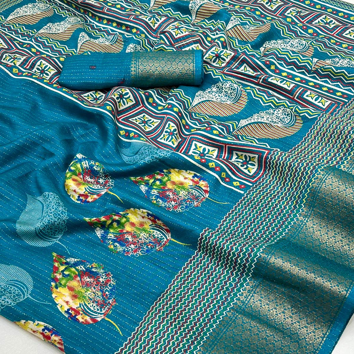 Teal Floral Printed Dola Silk Saree With Jacquard Border