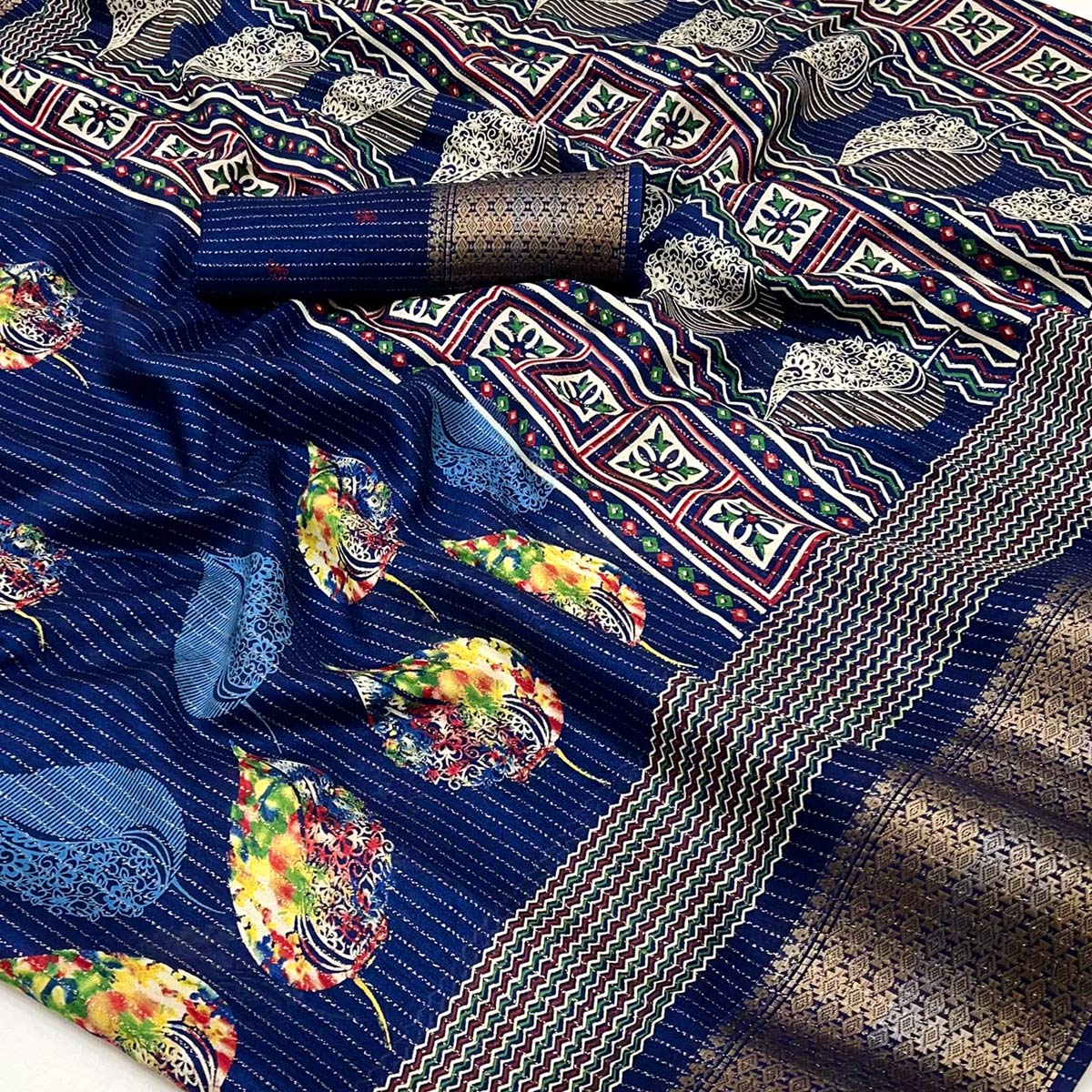 Blue Floral Printed Dola Silk Saree With Jacquard Border