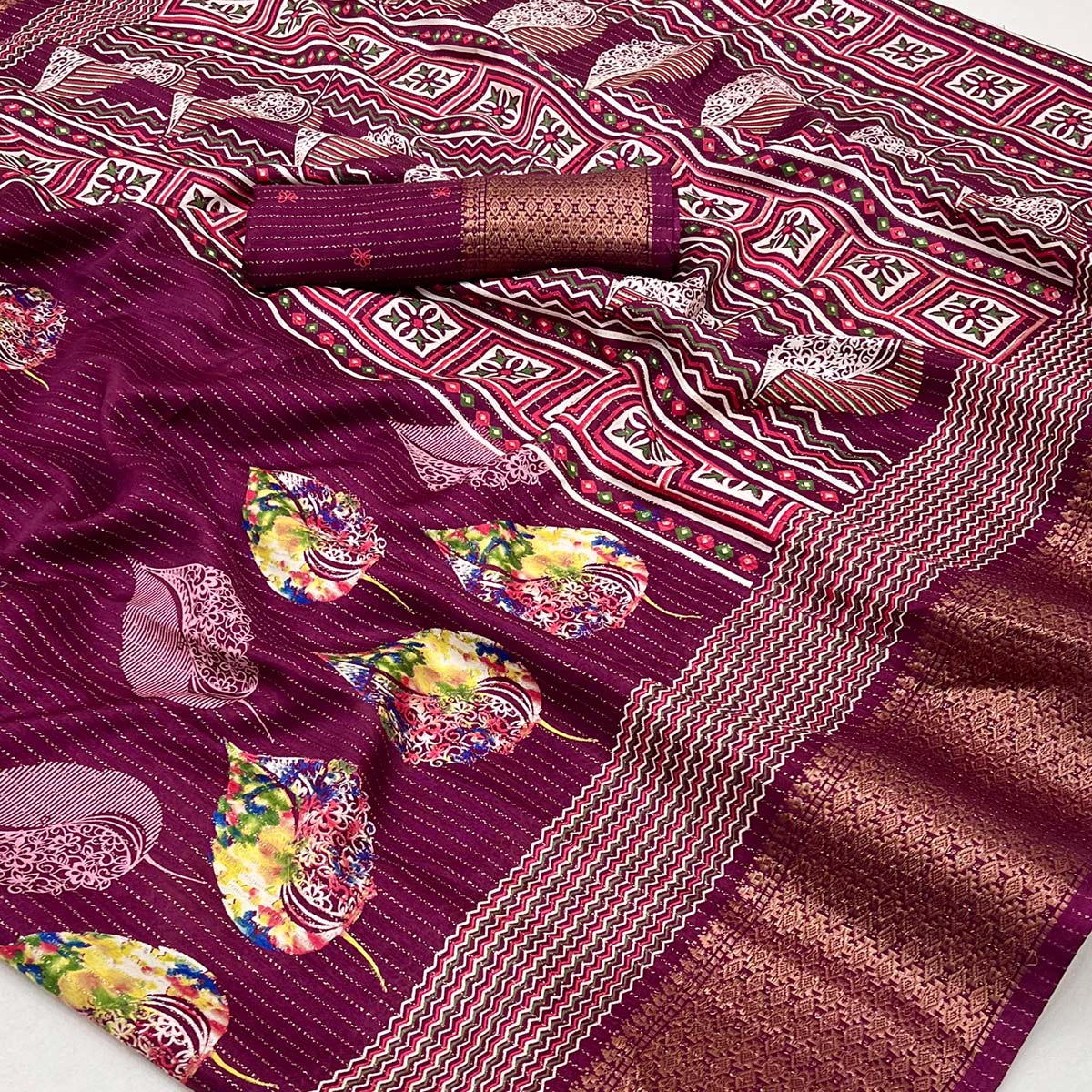 Wine Floral Printed Dola Silk Saree With Jacquard Border